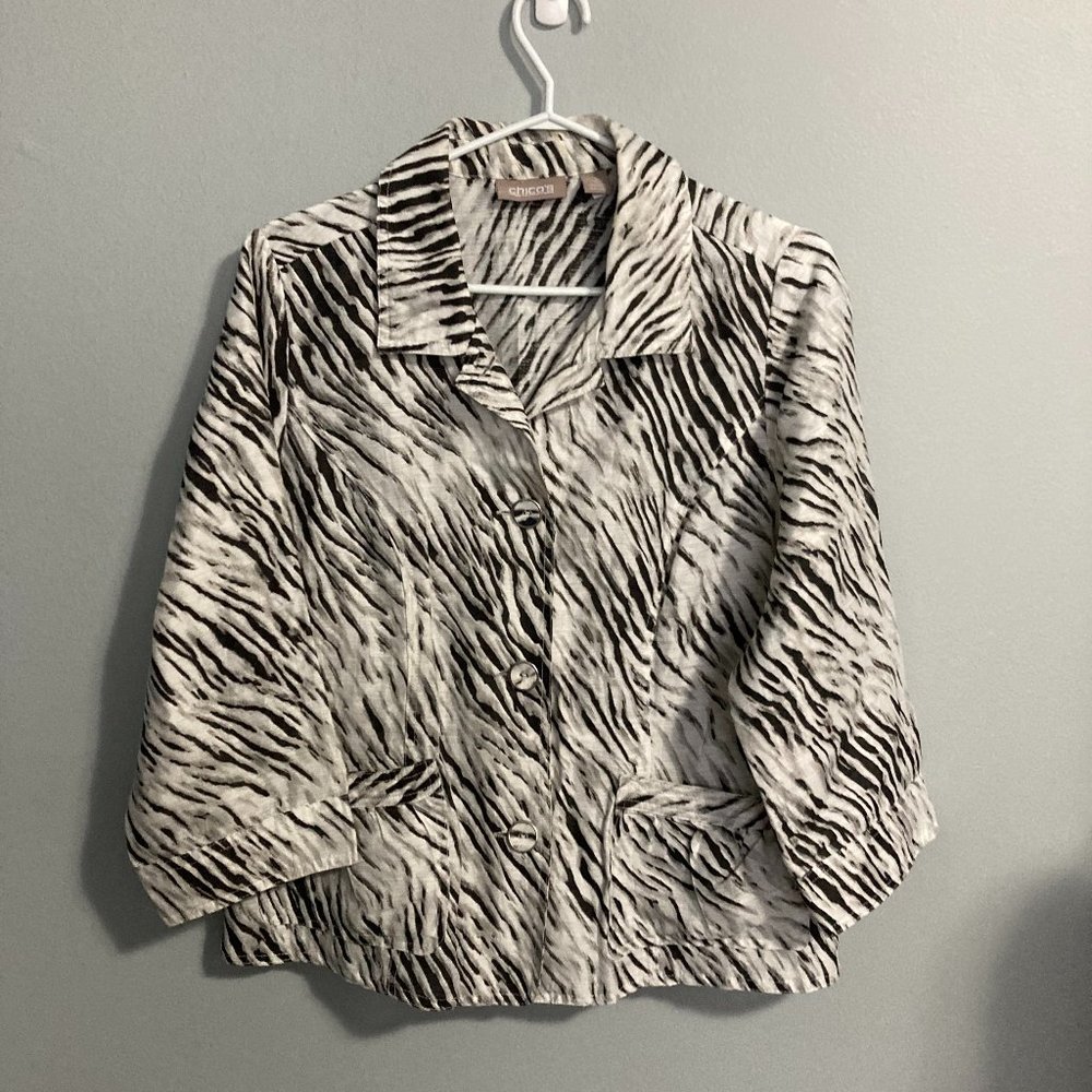 Chicos Blazer Striped Zebra White Black Linen Blend Size 1 US 8